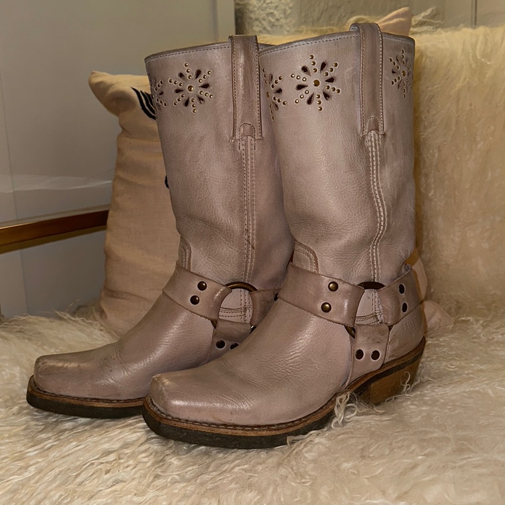 Light pink/purple harness Frye boots with cutouts